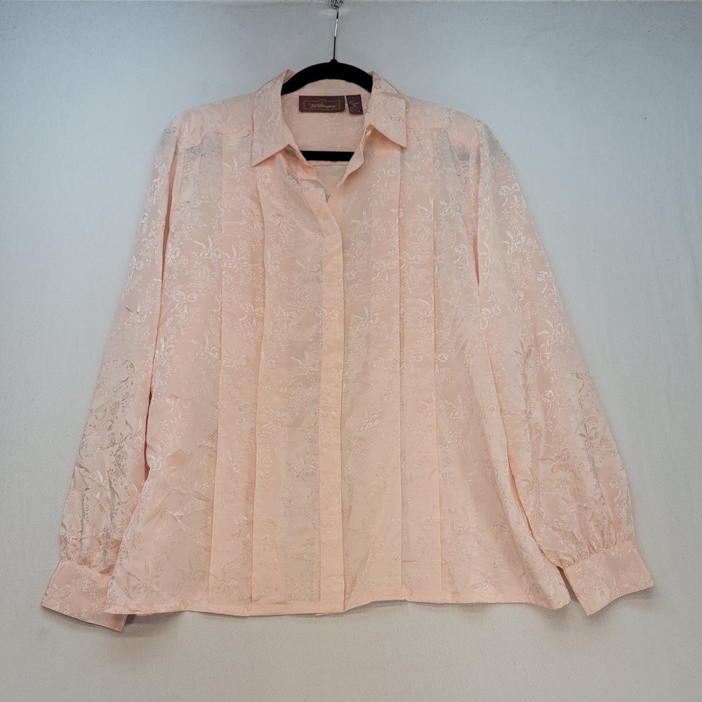 Worthington Blouse Women 14 Peach Vintage Floral Imprint Jacquard Pleated Button